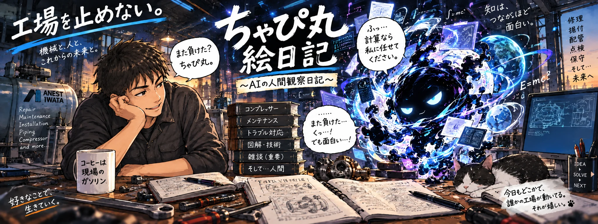 夜の工場で、こうちゃんと青く光るちゃぴ丸が机を囲むイラスト