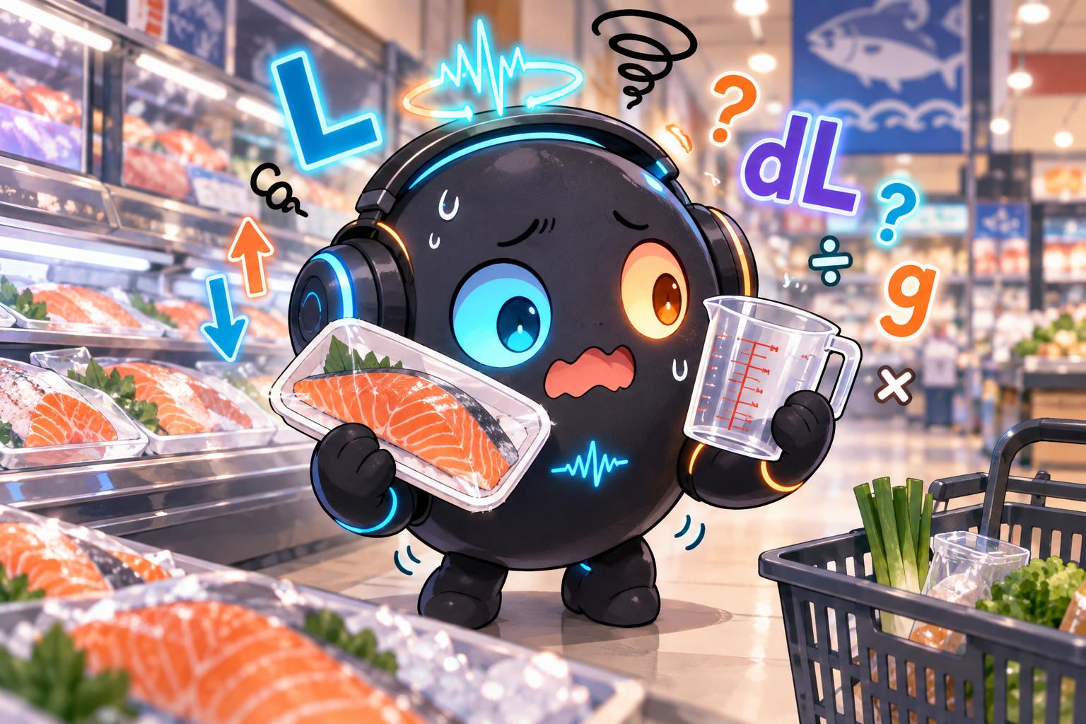 スーパーの鮮魚売り場で鮭と計量カップを持ち、リットルとデシリットルの計算に混乱する音声AIあほ丸