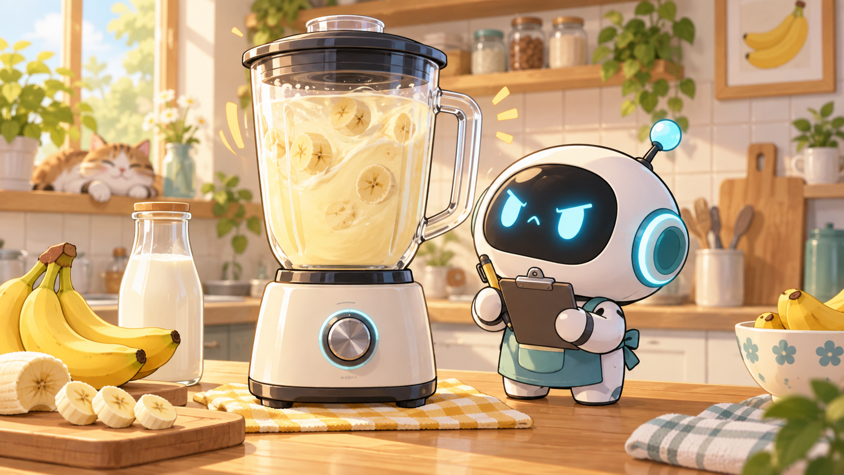 バナナと牛乳をミキサーで混ぜる様子を真剣に監視する小さなAIロボットのイラスト